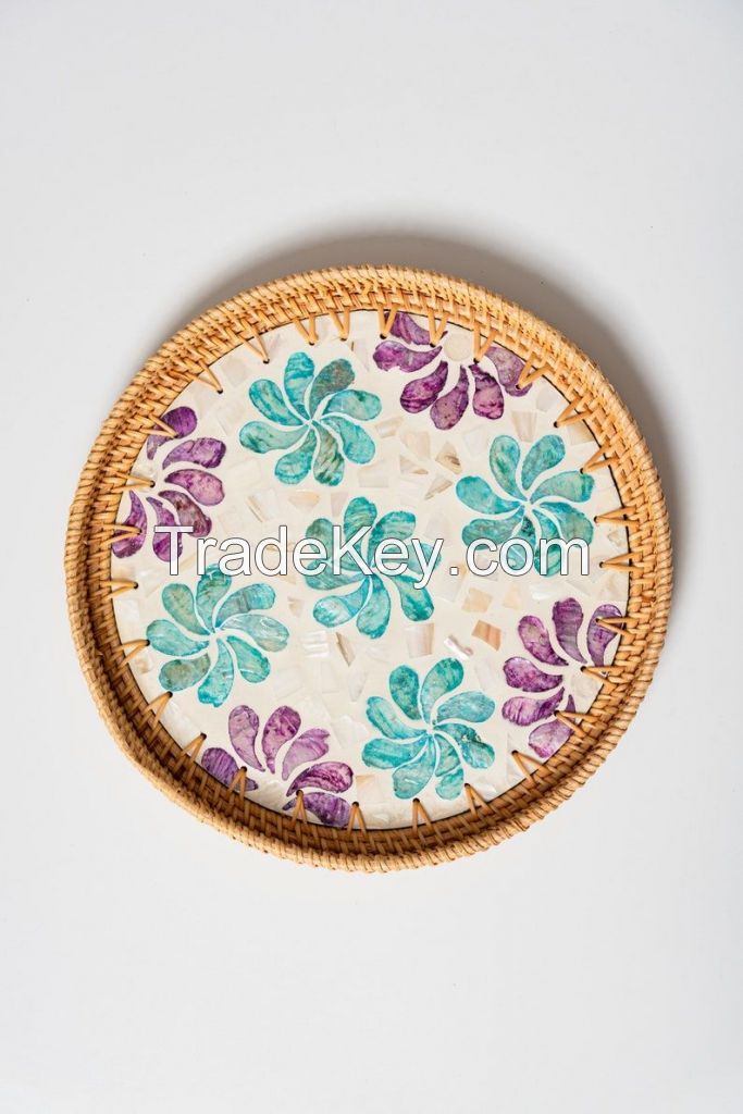 Hot Design 100% Natural Ceramic Rattan Round Tray Handwoven Serving Tray Eco-friendly Food Tray