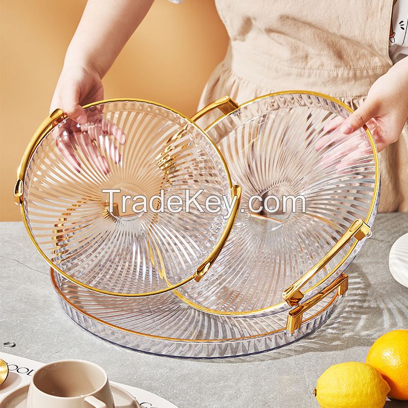 Decorative Tray with Handle, Round Plastic Serving Tray Perfume Holder Fruit Snack Tray Countertop Storage Tray for Living Room, Dining, Kitchen, Bathroom (Golden)