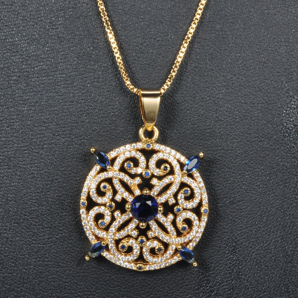 Wholesale Latest fashion style pendants set contains blue zircon 14K gold plated jewelery necklace