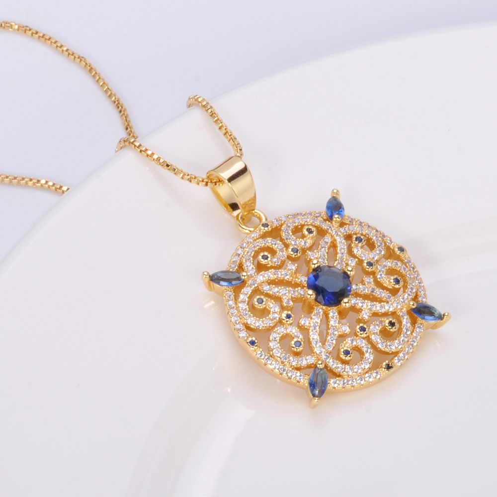 Wholesale Latest fashion style pendants set contains blue zircon 14K gold plated jewelery necklace