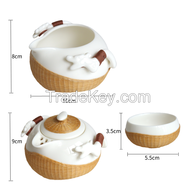 Bamboo woven porcelain tea set