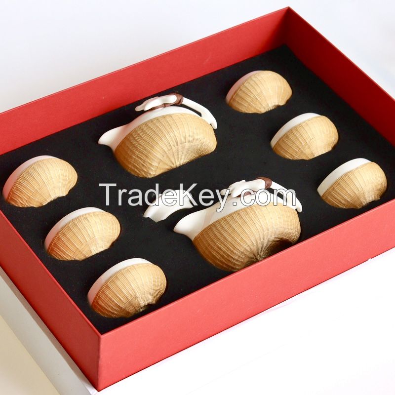 Bamboo woven porcelain tea set