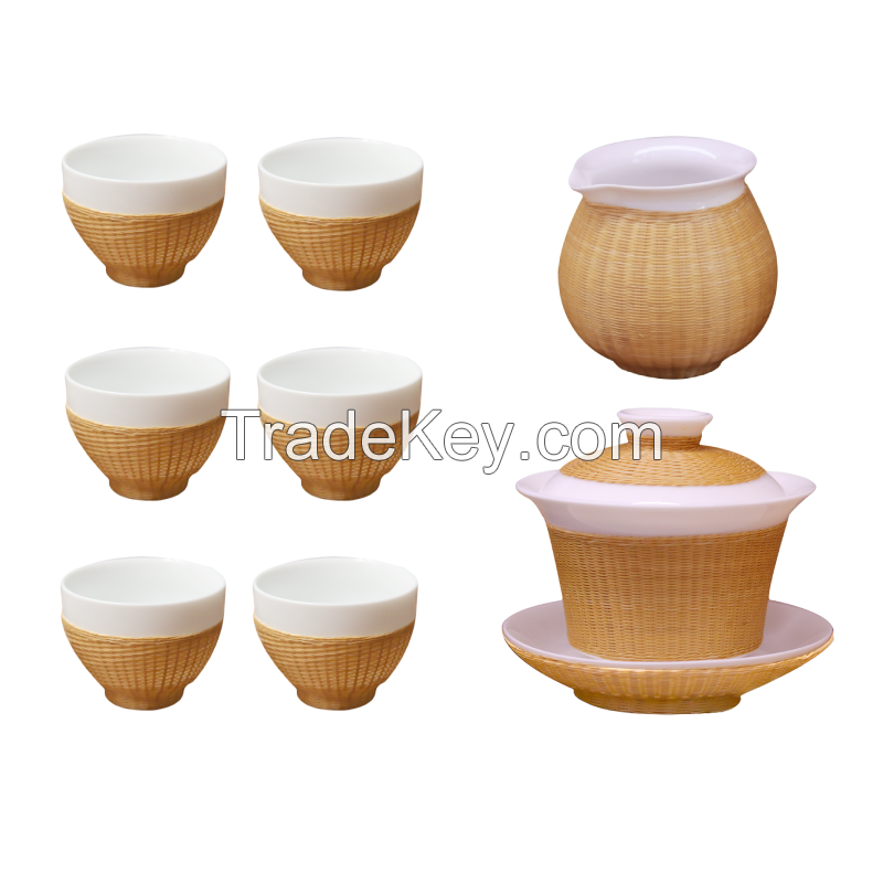 Bamboo woven porcelain tea set