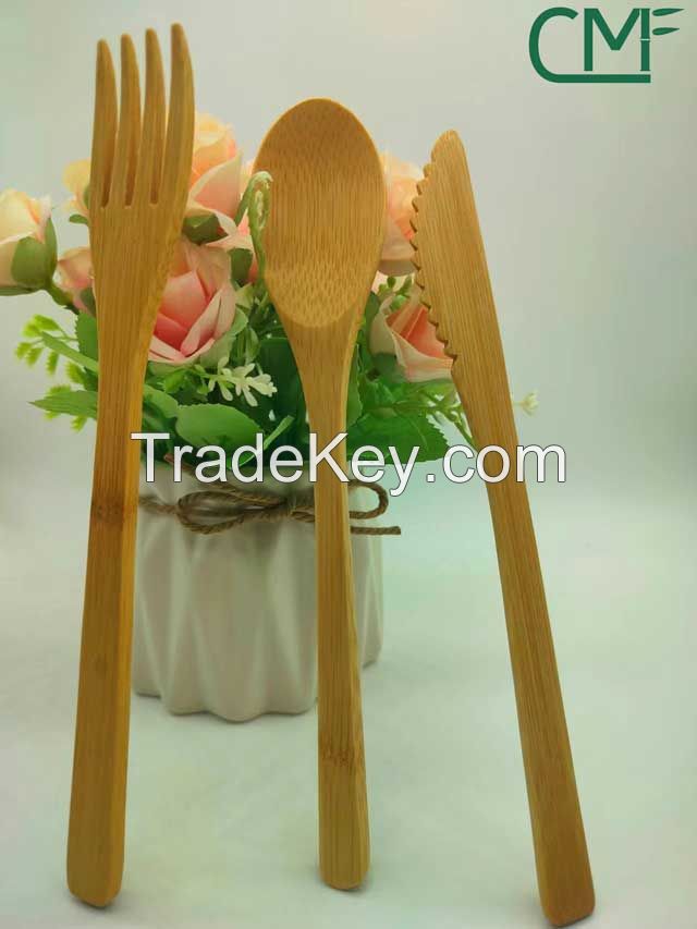 High quality reusable bamboo cutlery set 3 in 1 100% natural bamboo cutlery set in white bag for customized logo zero waste