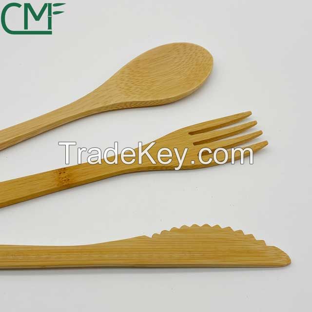 High quality reusable bamboo cutlery set 3 in 1 100% natural bamboo cutlery set in white bag for customized logo zero waste