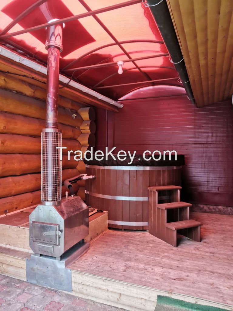 Cedar plunge tub with external stove