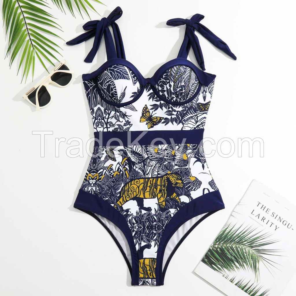 Women Bikini Set Push Up Floral Printed Ruffle Bikinis Strappy Bandage Swimwear Bathing Suit