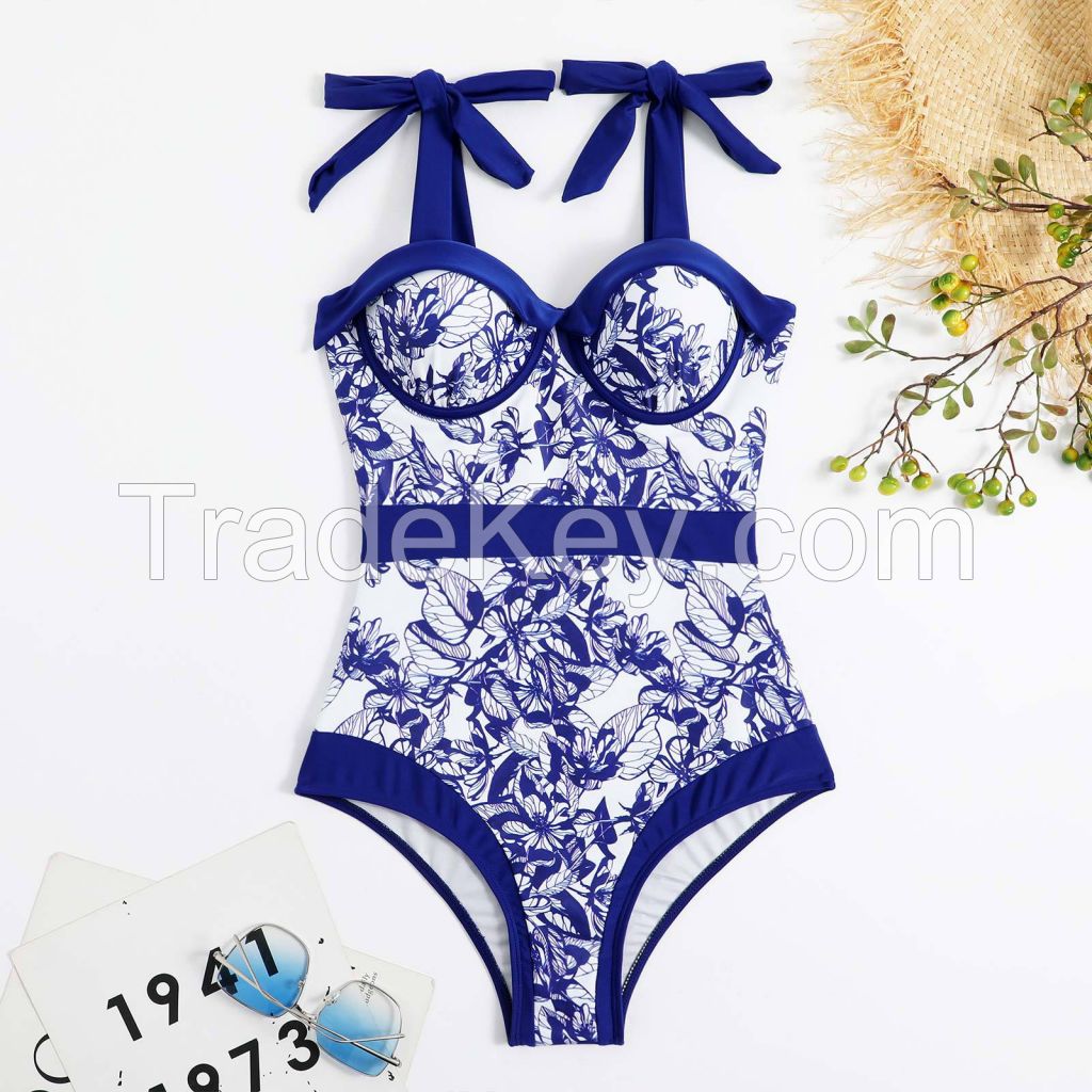 Women Bikini Set Push Up Floral Printed Ruffle Bikinis Strappy Bandage Swimwear Bathing Suit