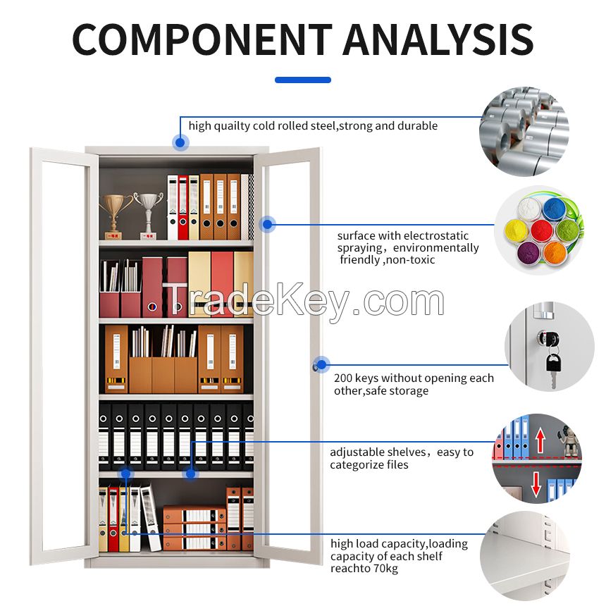 Modern Full Glass Steel File Cabinet 2 Swing Door Metal Office Furniture for Home Office Warehouse Hotel Storage