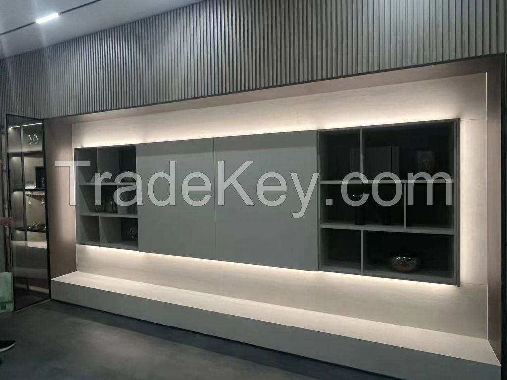 Modern design wine cabinet with drawers and LED light for large wall display