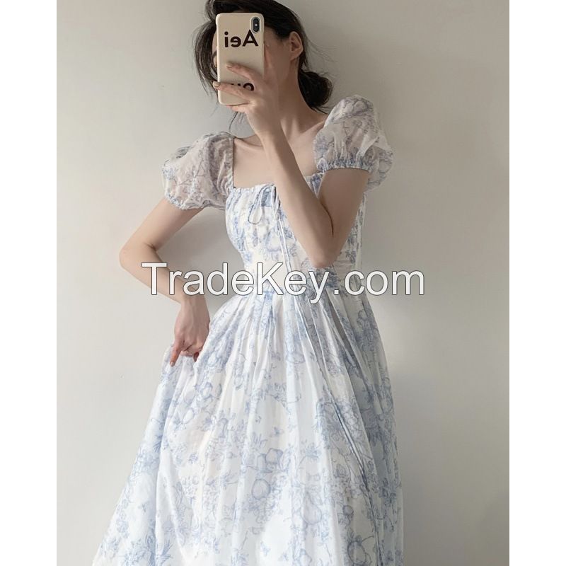 French Printed Dress Women's Summer 2024 New Short Sleeve Sense Sense Square Neck Off-the-Shoulder Long Floral Dress