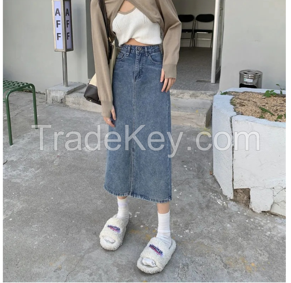 Spring/summer 2022 new denim skirt women&#039;s mid-length small fresh high-waisted slim small split skirt