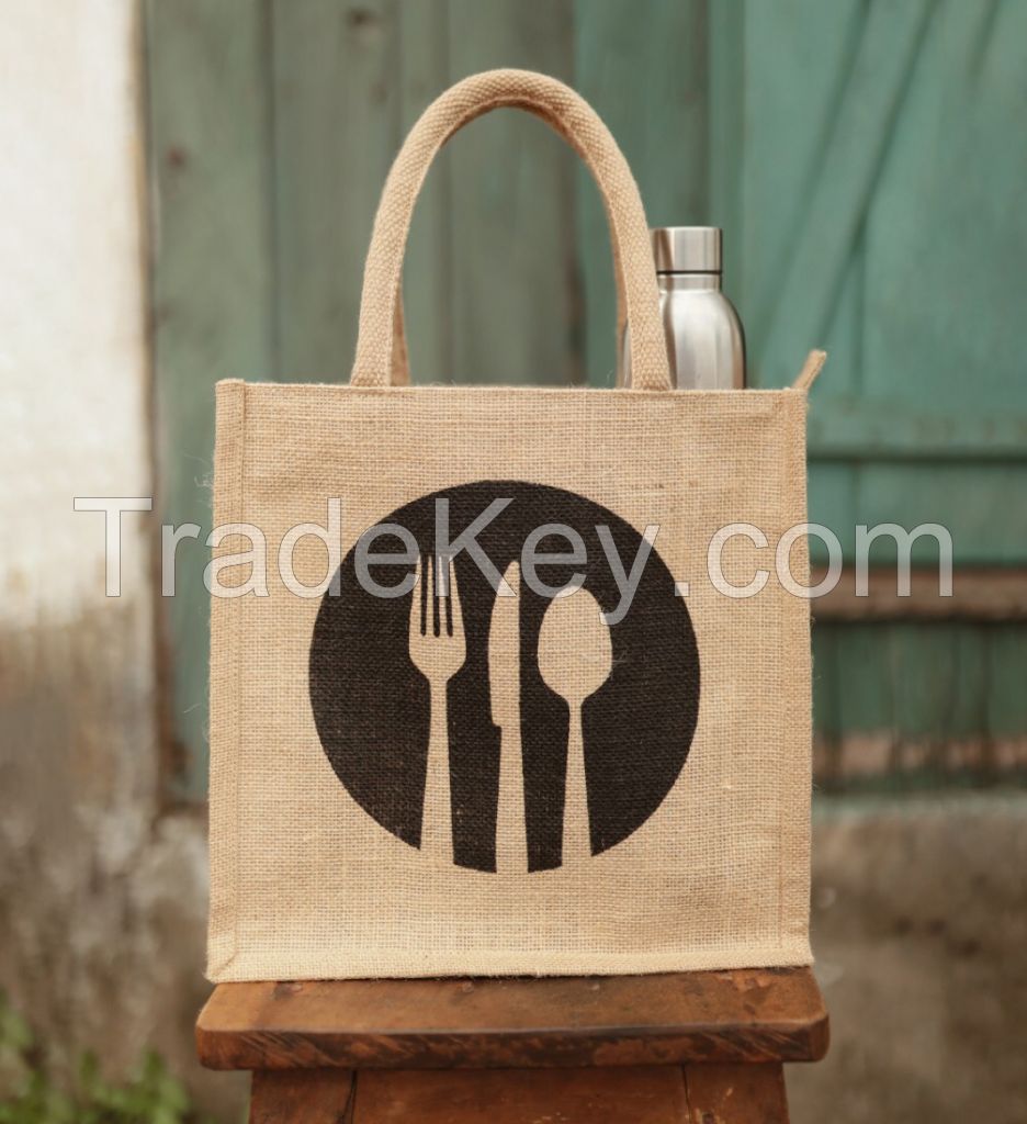 Jute Lunch Bag - Natural Jute Lunch Bag with Bottle Holder &amp; Flat Pocket