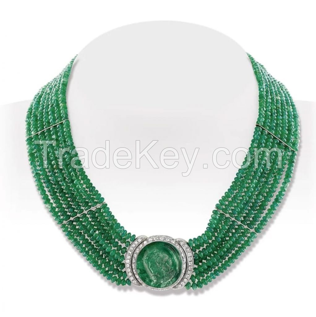 Designer Multistrand Emerald Stone And Beads Silver CZ Necklace