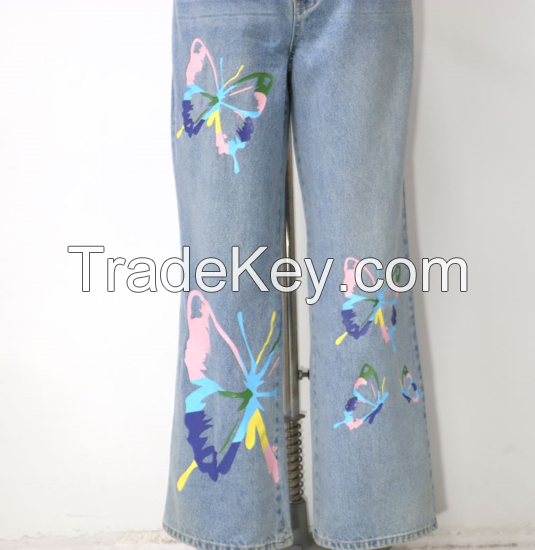 Women Trendy Print Straight Leg Jeans With butterfly-print