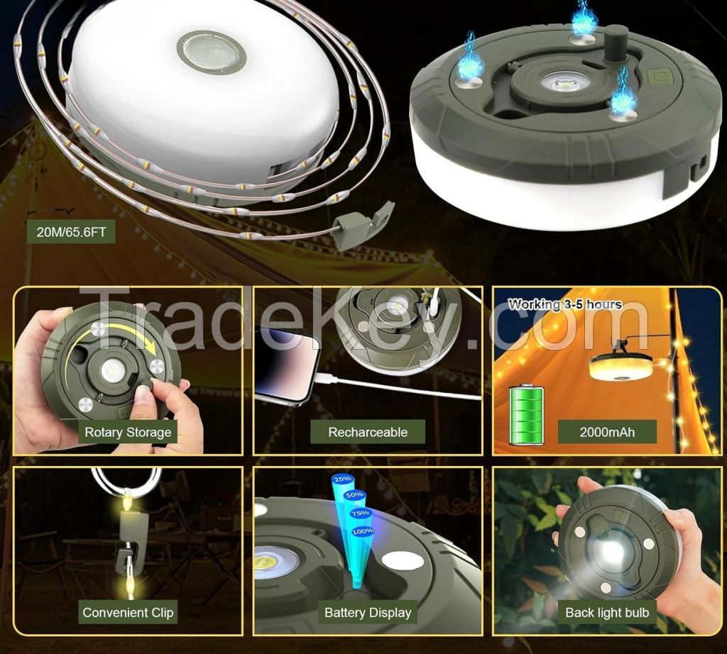 Rechargeable outdoor Retractable Tent Lighting String Lamp  2 in 1 Decoration Led Camping  Strip Light