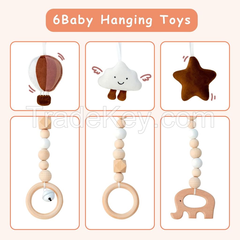 Wooden Baby Play Gym Play Mat Baby Gym with 6 Hanging Sensory Toys Foldable Baby Gym