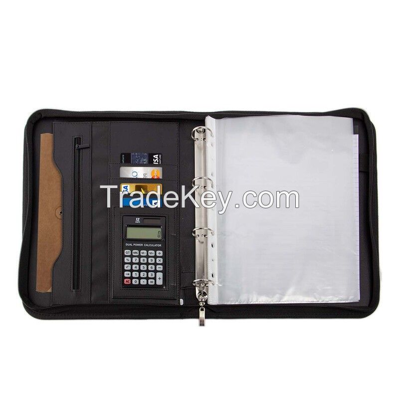 Zippered Leather 4 Ring Binder Padfolio With Calculator