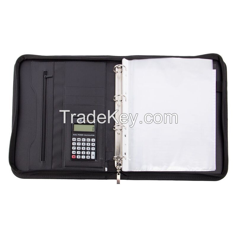 Zippered Leather 4 Ring Binder Padfolio With Calculator