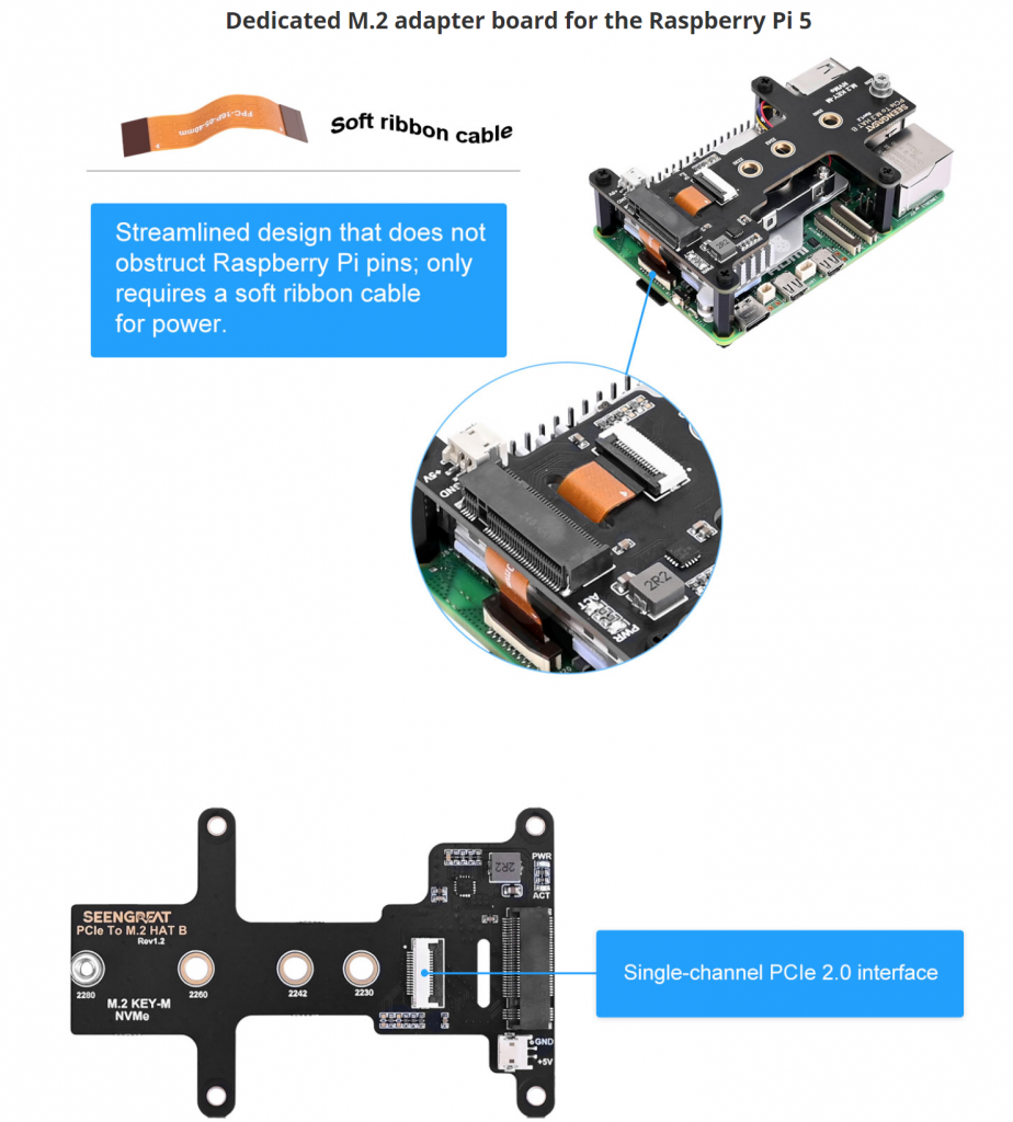 PCIe to M.2 HAT B Adapter Board for Raspberry Pi 5, High-speed Reading/Writing, Raspberry Pi 5 NVMe