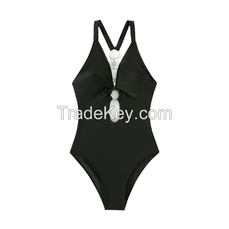 solid swimwear beachwear sexy custom Fashion jewelry trims women's swimsuit for swimming deep V neck 1 piece swimsuit