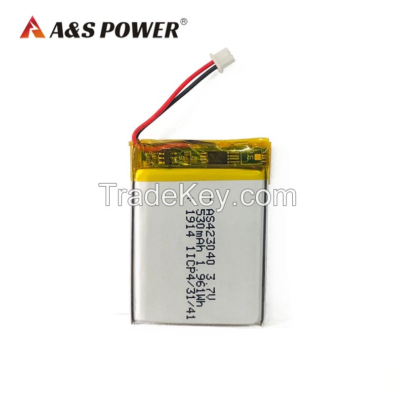 High Quality UL2054/CE Certified Rechargeable 3.7v 500mAh Li polymer battery 423040 530mAh Lipo battery 