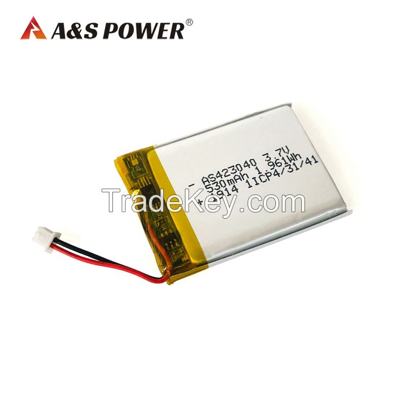 High Quality UL2054/CE Certified Rechargeable 3.7v 500mAh Li polymer battery 423040 530mAh Lipo battery 