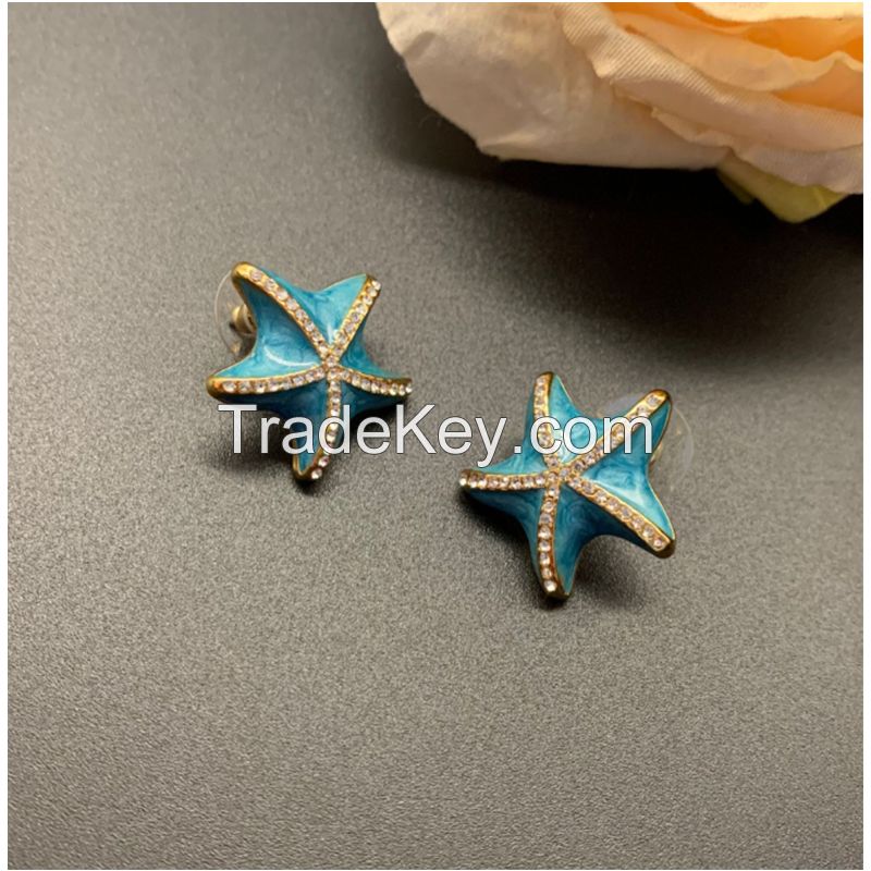 Wenyi diamond oil-dripping enamel starfish earrings