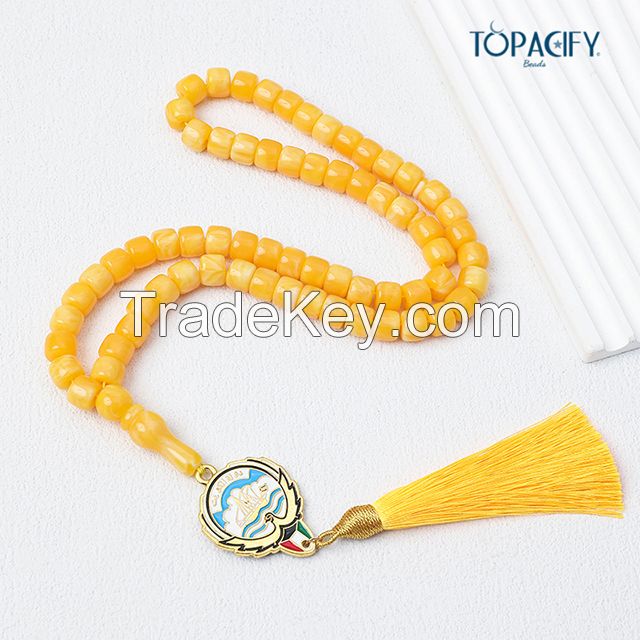 66 Bead Muslim Prayer Misbaha Tasbih Beads with Yellow Tassel - Basmala Rosary Beads for Meditation