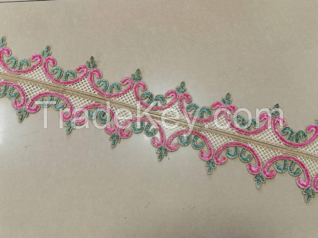 Q.HELM 10 Yards Coloful Flower Lace Trim Ribbon Floral Applique Embroidered Fabric for Women Muslim Moroccan Floral Maxi Kaftan Dress Arabic Islamic Dubai Robe Ramadan Prayer Clothes