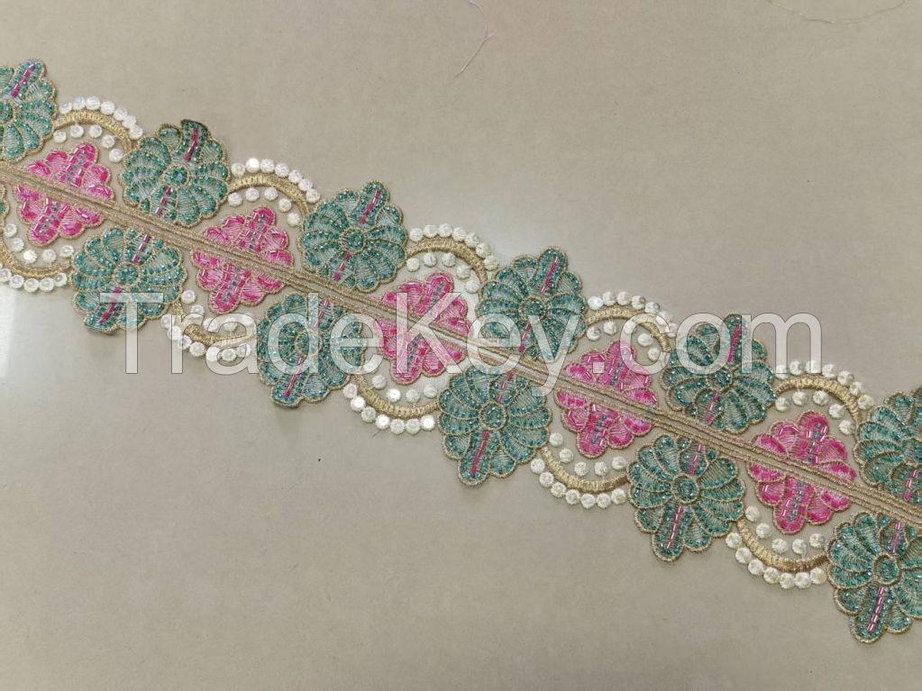 Q.HELM 10 Yards Coloful Flower Lace Trim Ribbon Floral Applique Embroidered Fabric for Women Muslim Moroccan Floral Maxi Kaftan Dress Arabic Islamic Dubai Robe Ramadan Prayer Clothes