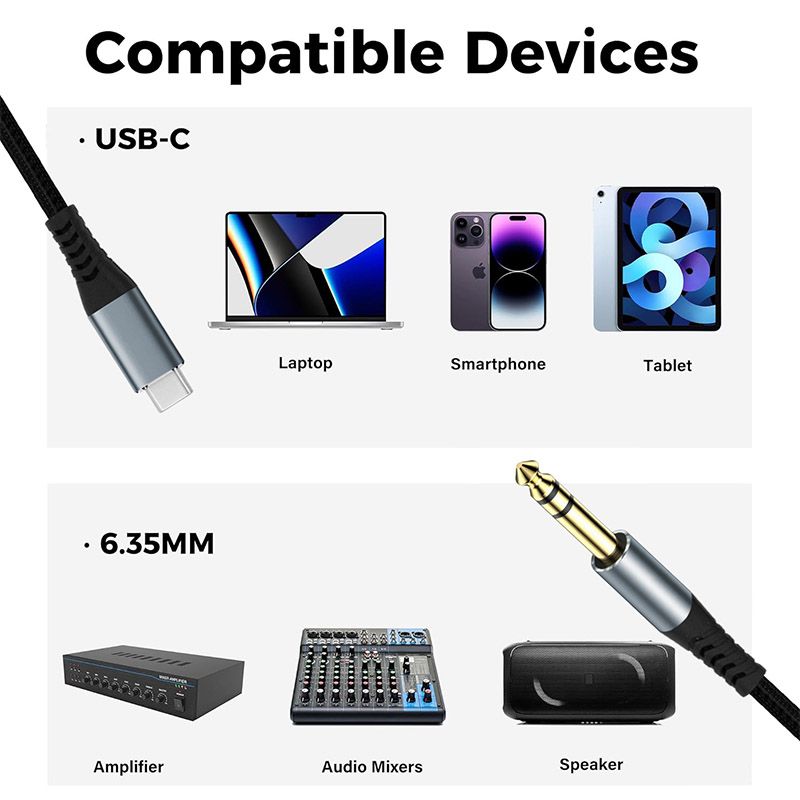 Type-c to 6.35mm Audio Cable - Compatible with Live Sound Cards, iPhone, Huawei, Samsung Phones and Computers