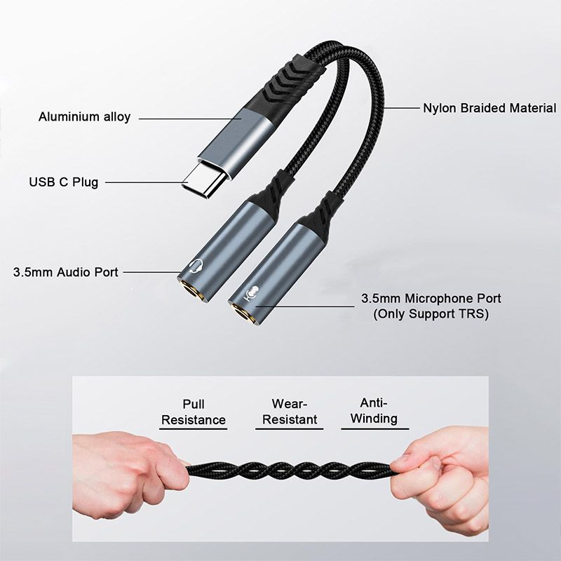 TYPE-C Headphone Splitter Cable - Y-Type 1-to-2 Audio Cable, Universal for Microphone and Headphone, Supports Recording and Music Listening