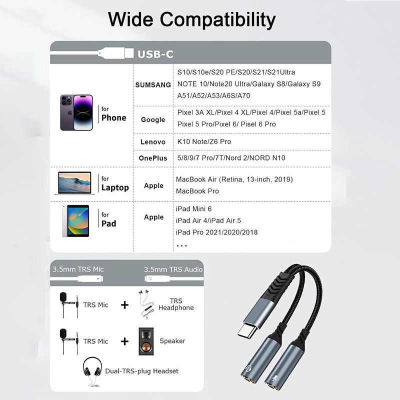 TYPE-C Headphone Splitter Cable - Y-Type 1-to-2 Audio Cable, Universal for Microphone and Headphone, Supports Recording and Music Listening