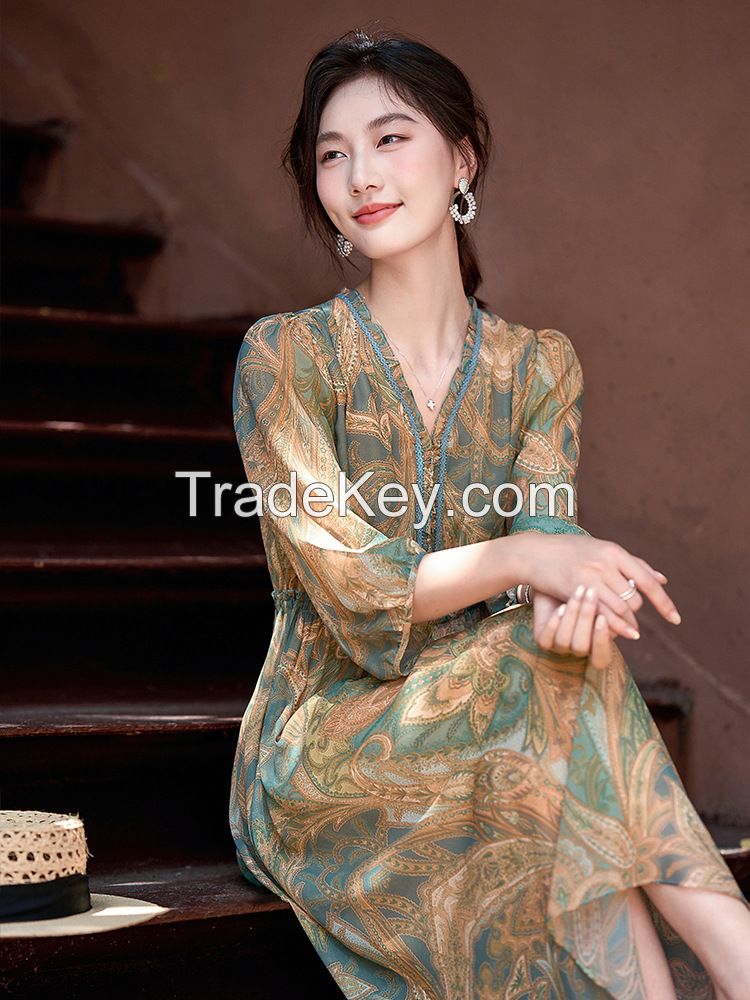  Elegant Waist-Defying Silk Chiffon Print Dress 80135