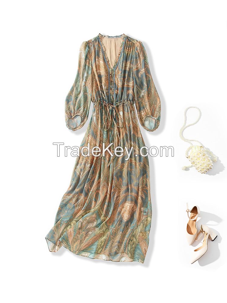  Elegant Waist-Defying Silk Chiffon Print Dress 80135