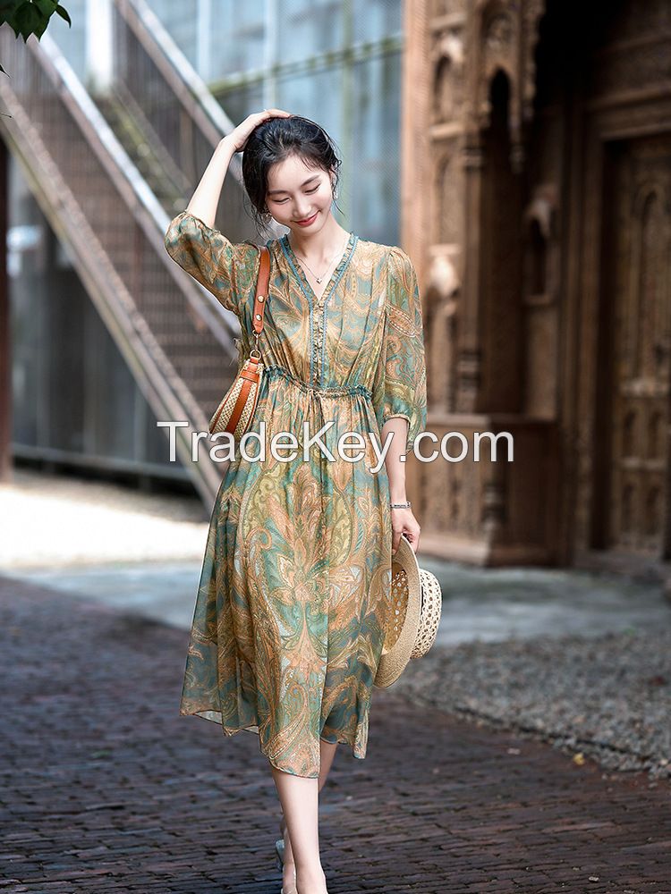  Elegant Waist-Defying Silk Chiffon Print Dress 80135