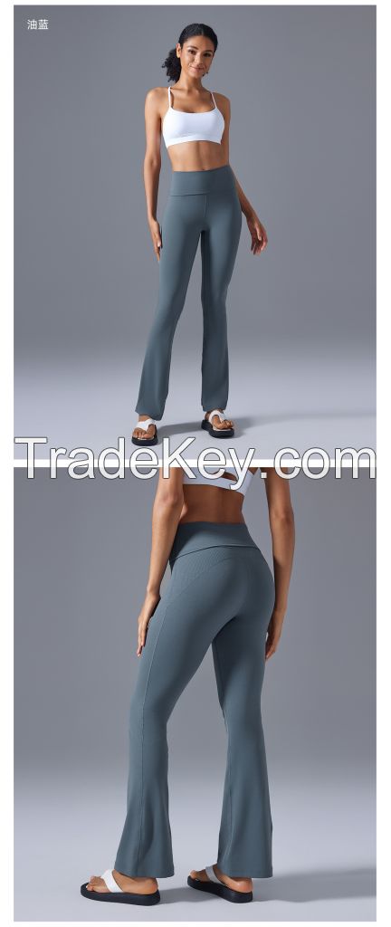 High-Waisted Bootcut Yoga Pants with Foldable Waistband D25102