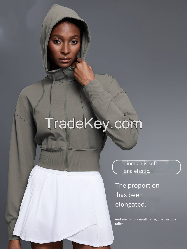 Hooded Sport Coat Women's Short Waisted Jacket Long Sleeve Yoga Fitness D25147