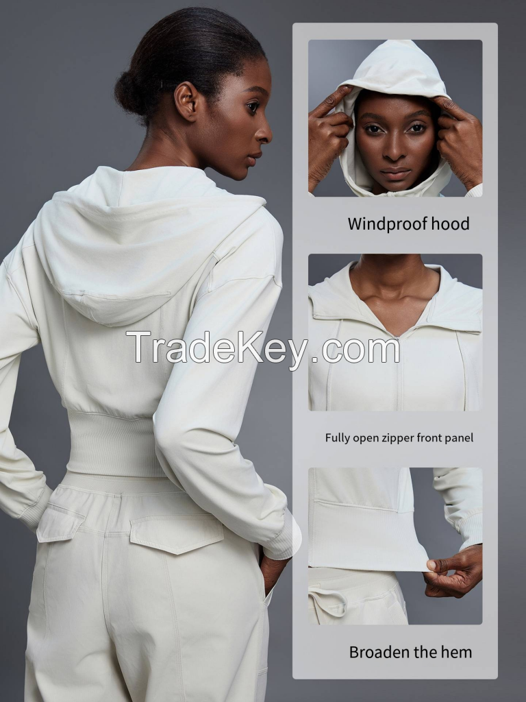 Hooded Sport Coat Women's Short Waisted Jacket Long Sleeve Yoga Fitness D25147