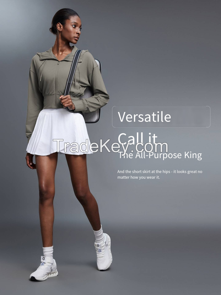 Hooded Sport Coat Women's Short Waisted Jacket Long Sleeve Yoga Fitness D25147