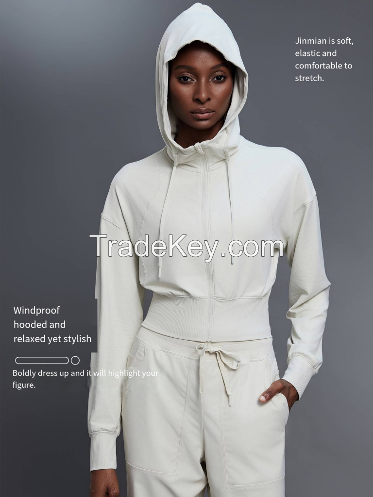 Hooded Sport Coat Women's Short Waisted Jacket Long Sleeve Yoga Fitness D25147