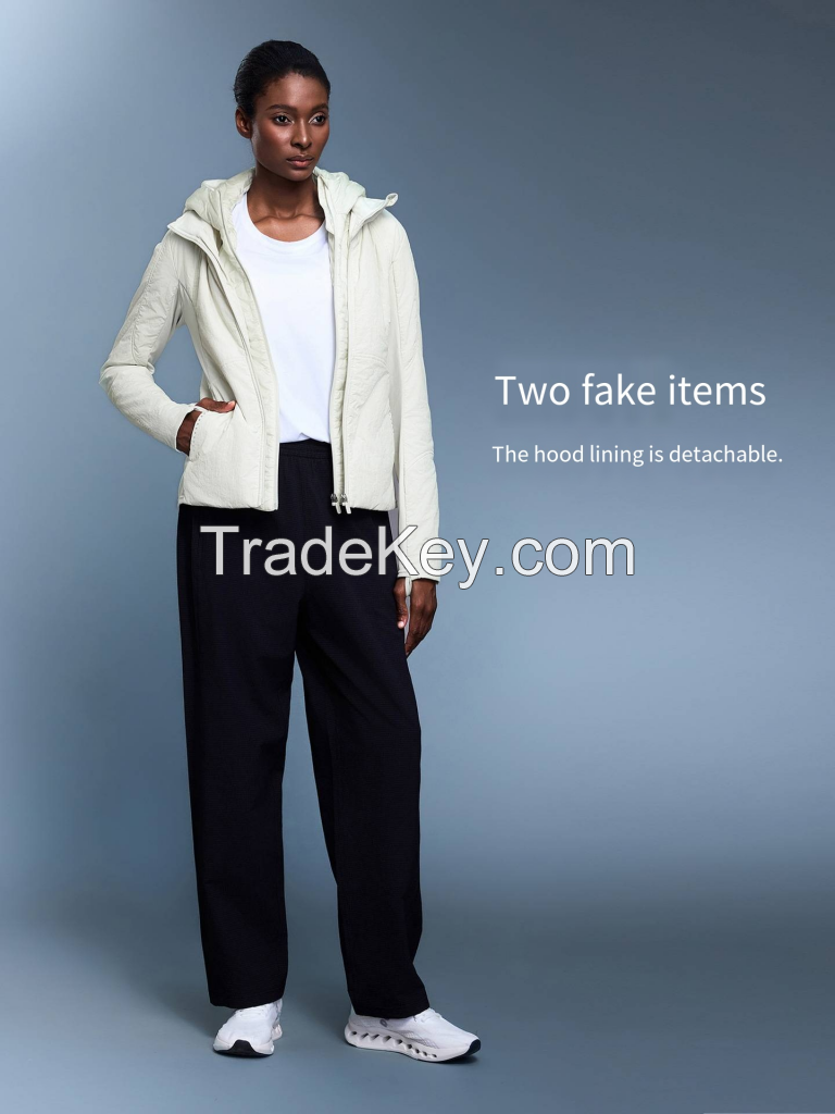 Women's Fake Two-Piece Hooded Coat - Water-Resistant Waisted Jacket D25120