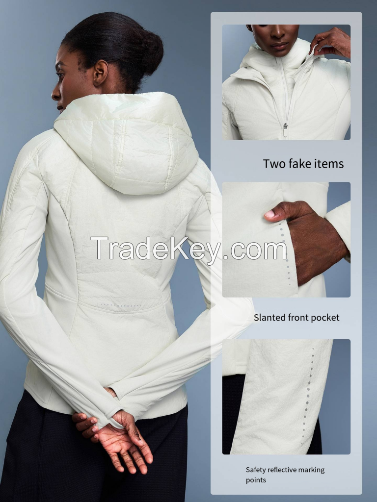 Women's Fake Two-Piece Hooded Coat - Water-Resistant Waisted Jacket D25120