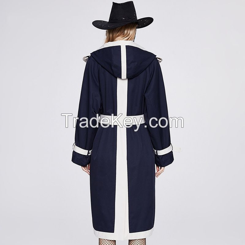 Colorblock Double Breasted Trench Coat - Long Women's Overcoat 2F6183#	
