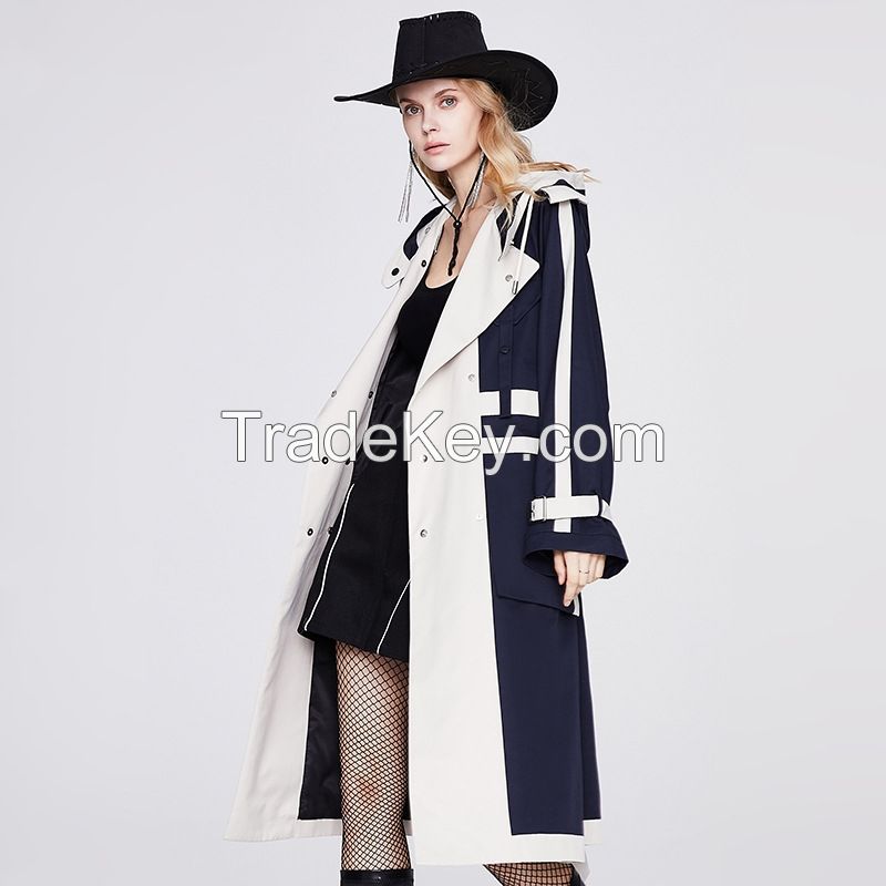 Colorblock Double Breasted Trench Coat - Long Women's Overcoat 2F6183#	