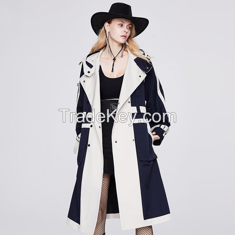 Colorblock Double Breasted Trench Coat - Long Women's Overcoat 2F6183#	