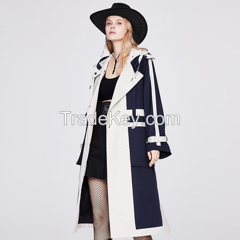 Colorblock Double Breasted Trench Coat - Long Women's Overcoat 2F6183#	