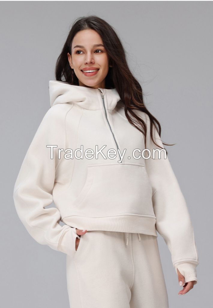 Cropped Fleece Hoodie - Loose Fit Sporty Pullover HCX011