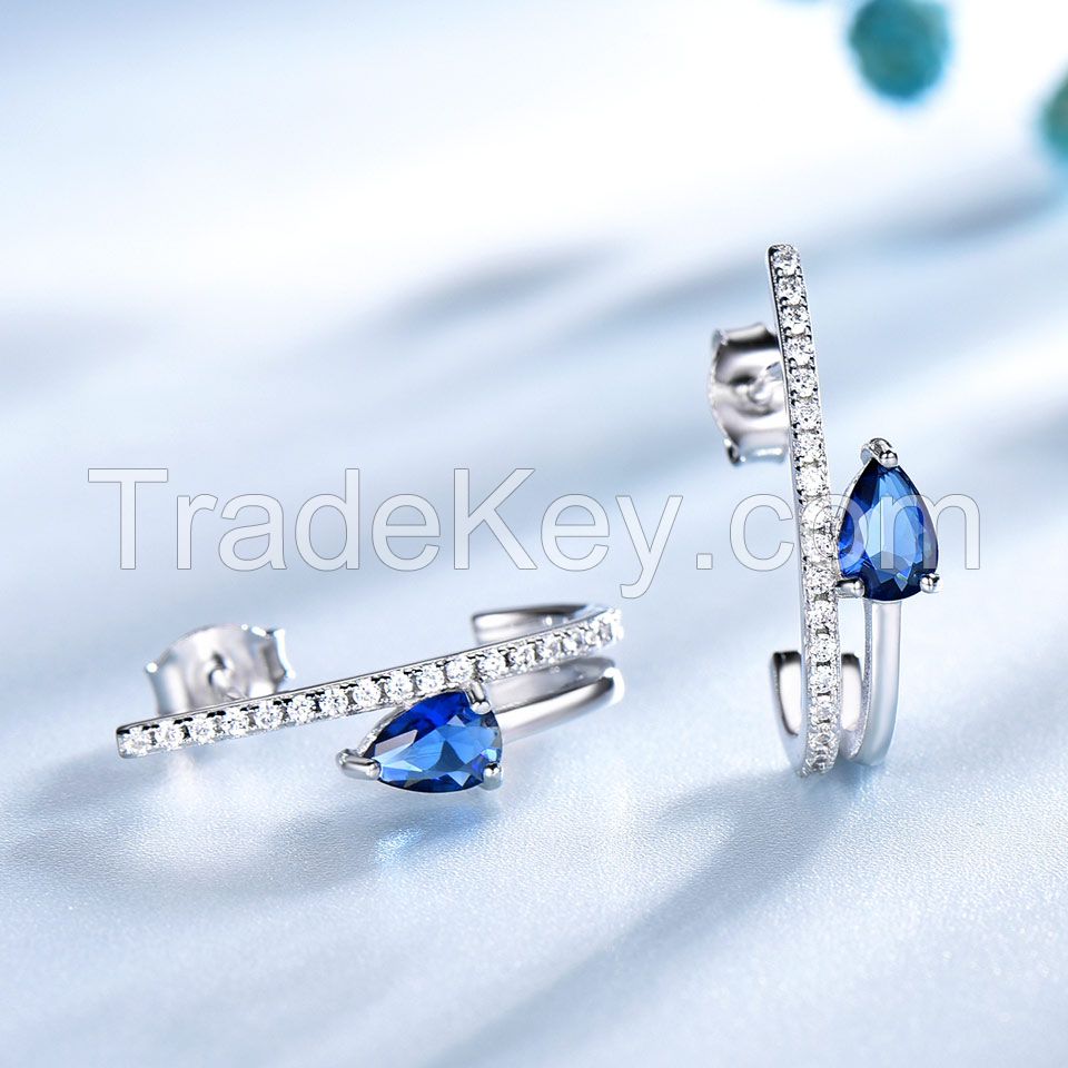 Solid 925 Sterling Silver Drop Earrings for Women Blue Sapphire Gemstone Earrings